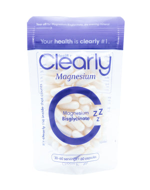 Clearly Magnesium Bisglycinate supplement bottle with label showing supplement details and a white cap.