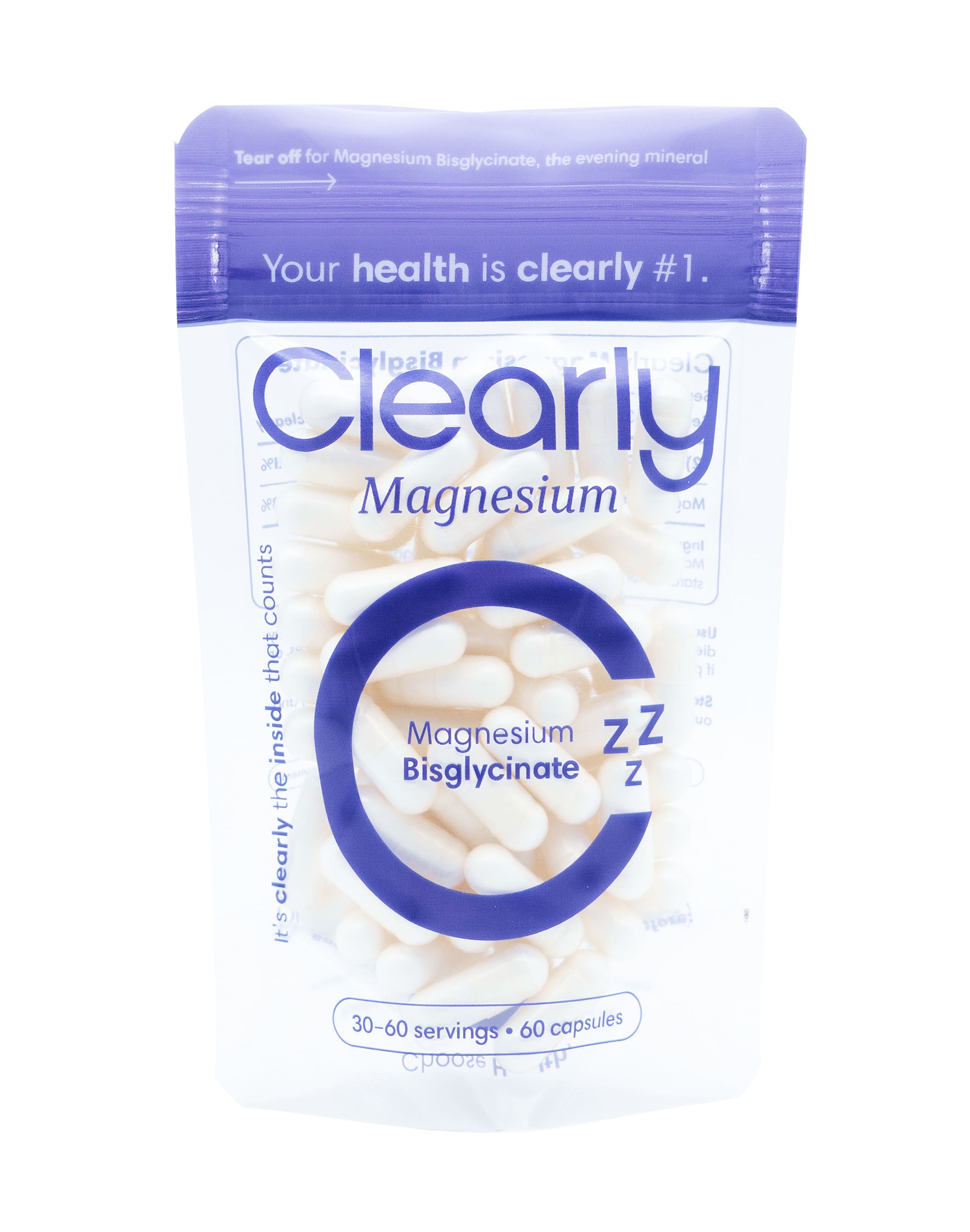 Clearly Magnesium Bisglycinate supplement bottle with label, showing capsules and product branding.