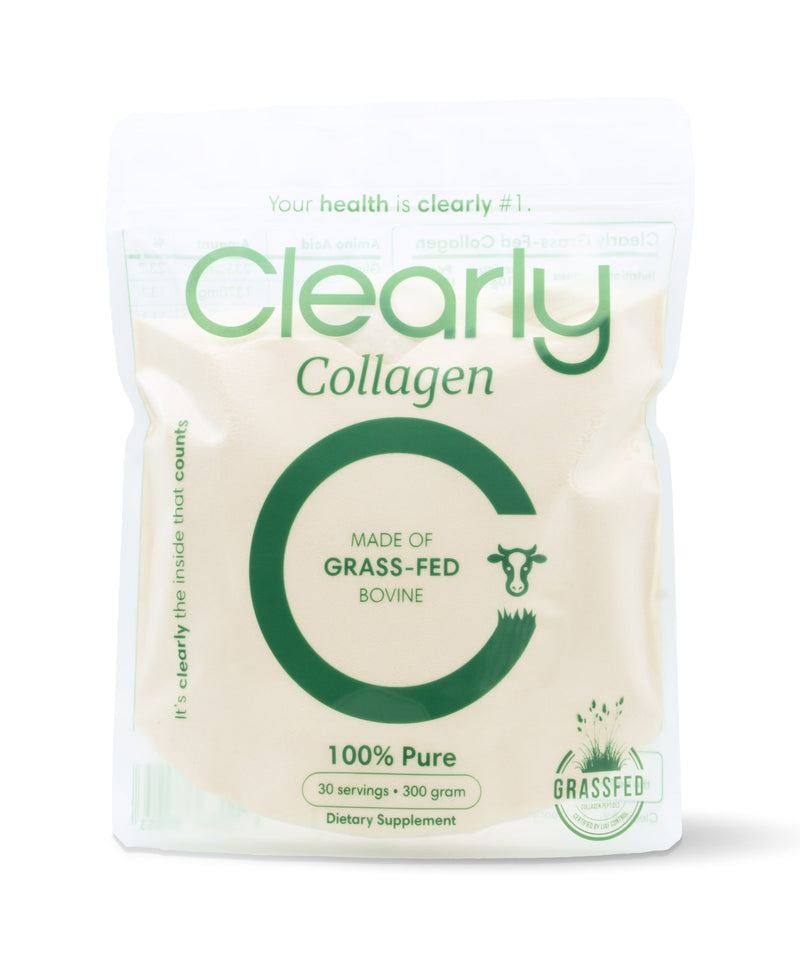 Clearly grass-fed collagen powder in a jar, with a scoop, showing the natural, unflavored collagen supplement for skin and joint health.