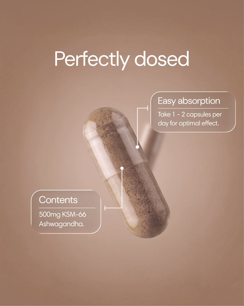 Clearly Ashwagandha capsules in a bottle, showcasing herbal supplement capsules for stress relief and wellness.