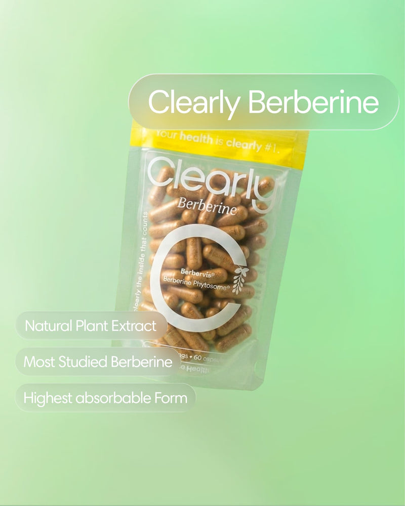 Clearly Berberine capsules in a bottle with a white label, showing the front view of the supplement packaging.