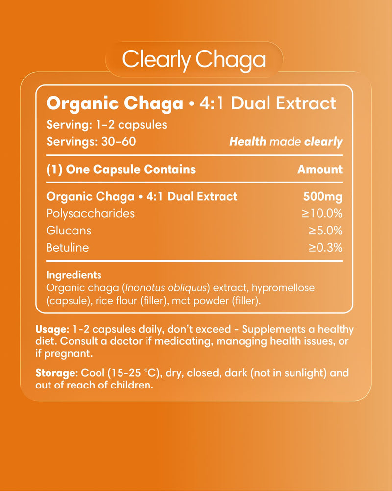 Clearly Chaga capsules with label showing supplement packaging and branding for natural immune support.