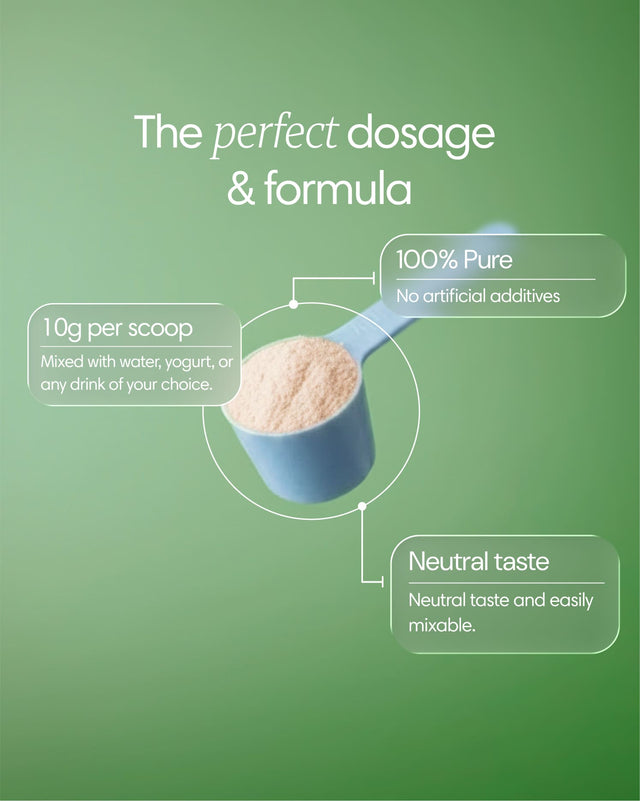 Clearly grass-fed collagen powder in a clear container with a scoop, showcasing its fine, white texture.