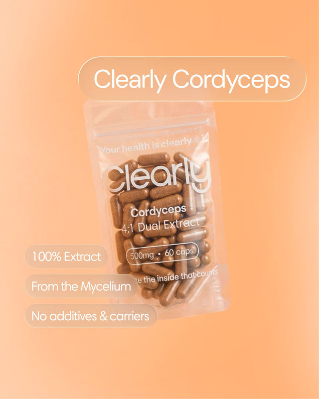 Clearly brand Cordyceps capsules in a bottle, showing the label and capsules inside on a white background.