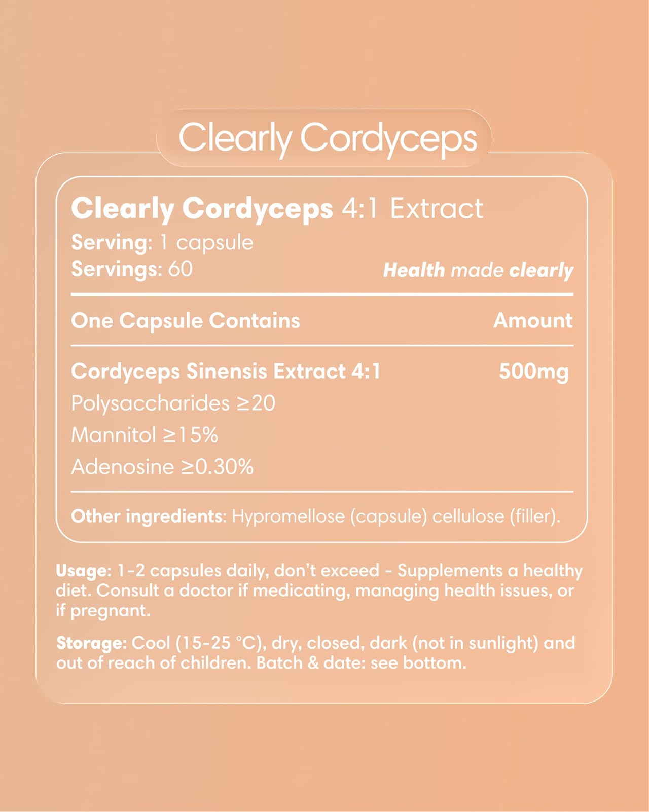 Clearly Cordyceps capsules bottle with label showing product name and supplement details.