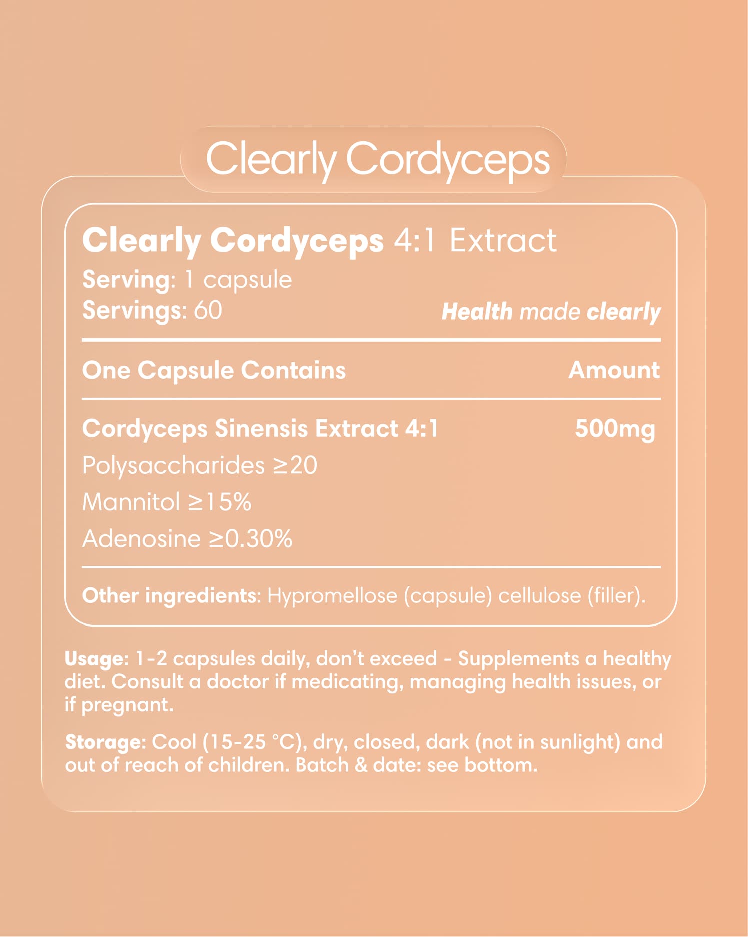 Clearly Cordyceps capsules bottle with label showing product name and supplement details.