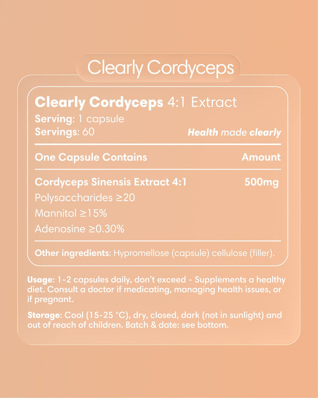 Clearly Cordyceps capsules bottle with label showing product name and supplement details.