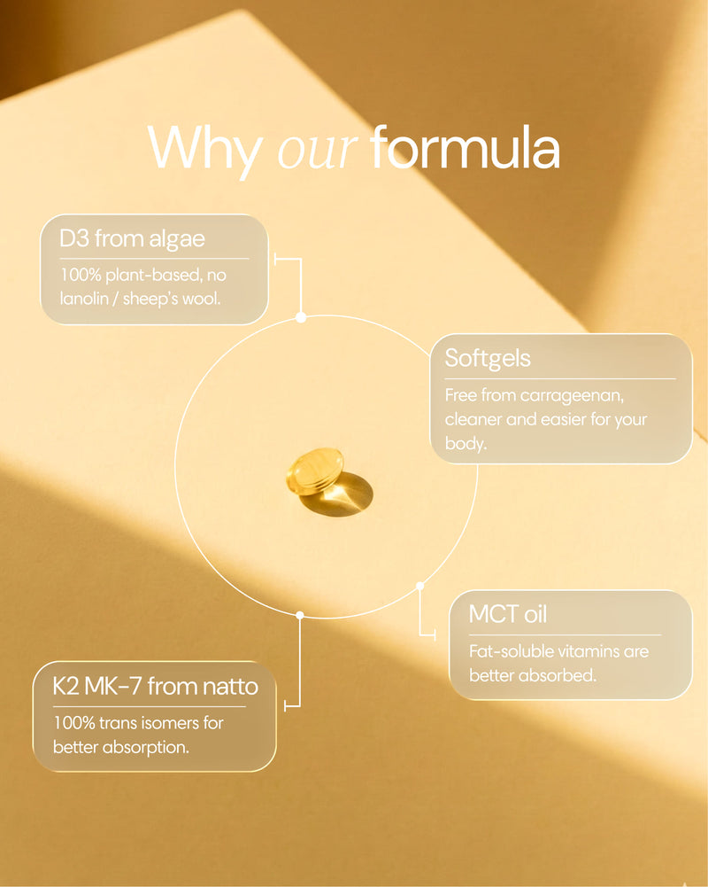 Clearly D3 and K2 supplement bottle showing the label with ingredients and benefits for bone health and immune support.