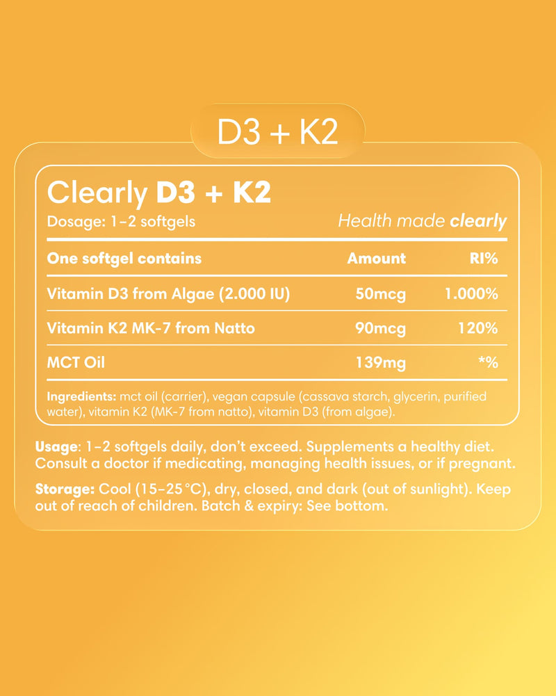 Clearly D3 + K2 supplement bottle label showing vitamin D3 and K2 capsules in clear packaging.