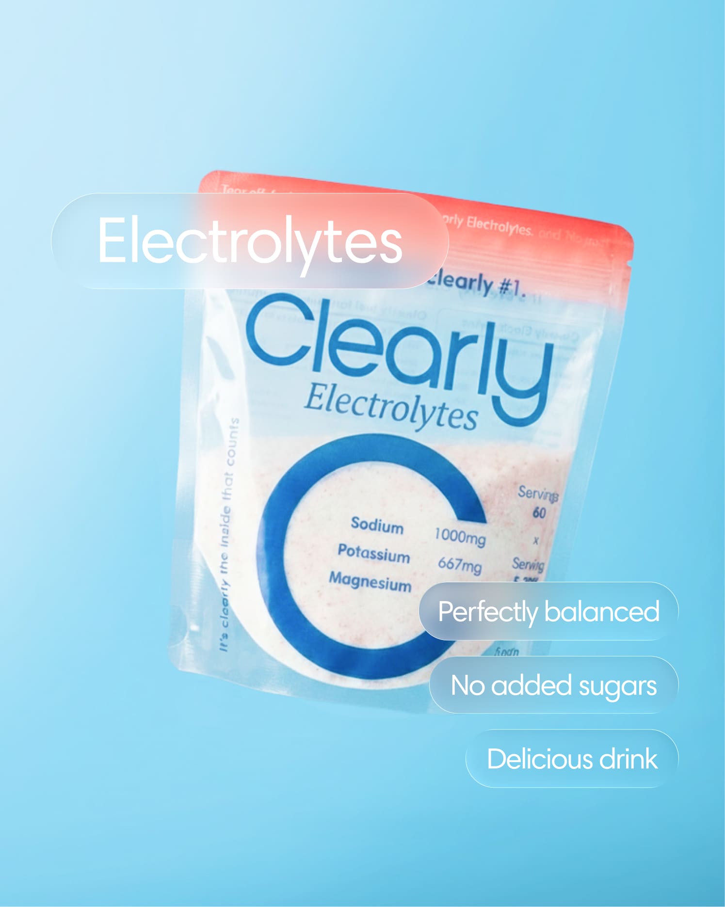 Clearly electrolytes powder in a clear container, showcasing the label and vibrant color of the product.