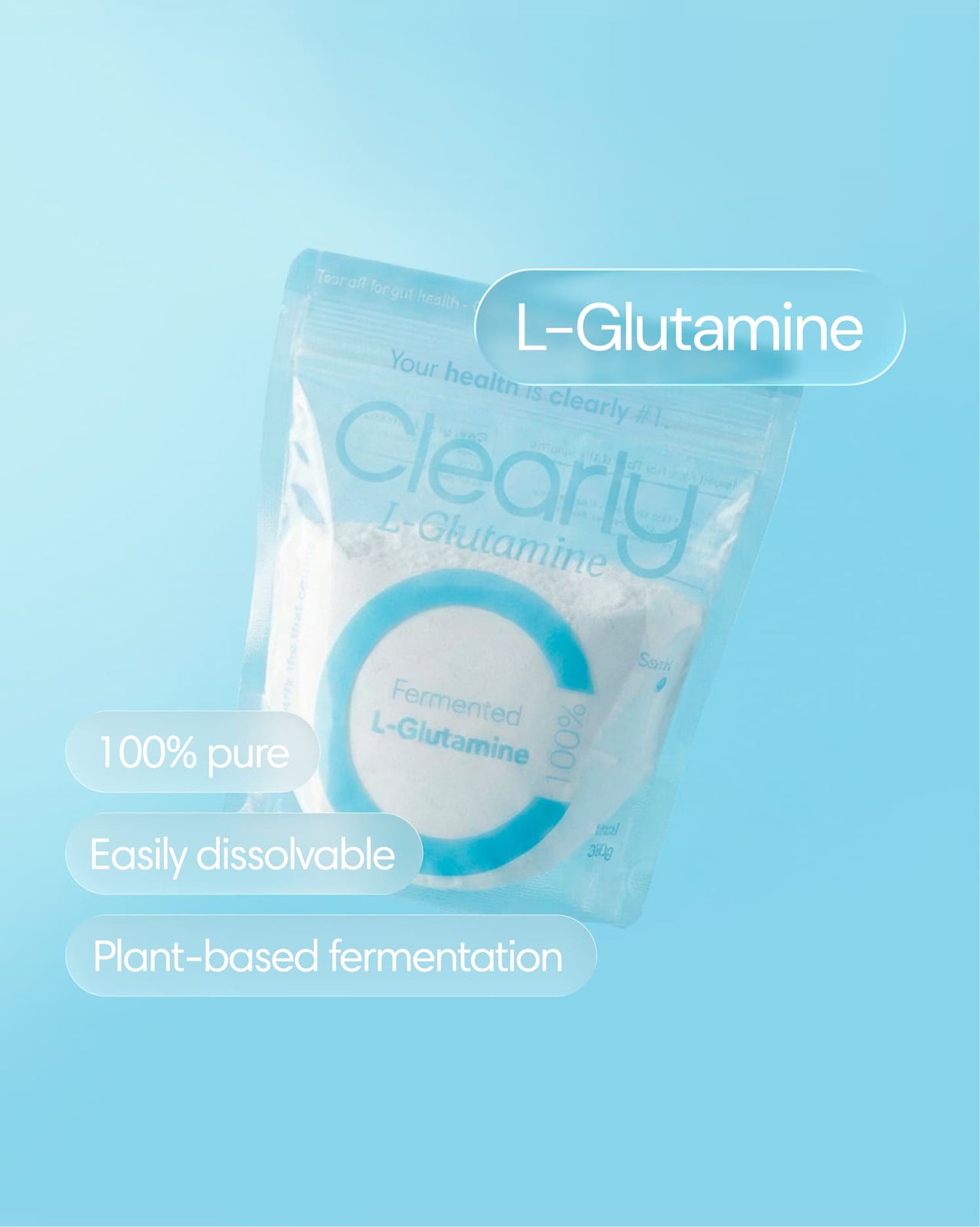 Clearly L-glutamine supplement bottle with label, showing the front view of the dietary amino acid product.