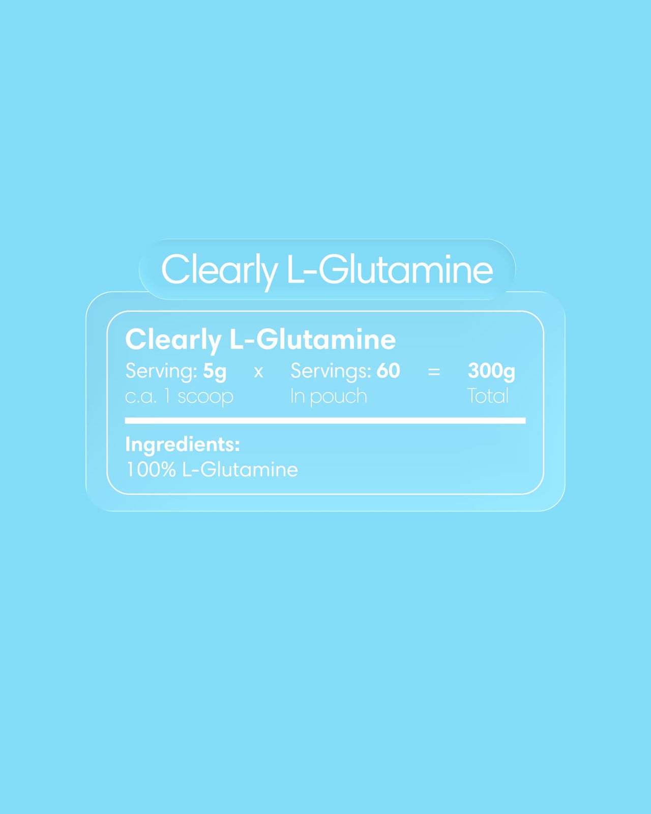 Clearly L-glutamine supplement bottle with label showing supplement details and ingredients for muscle recovery and gut health.