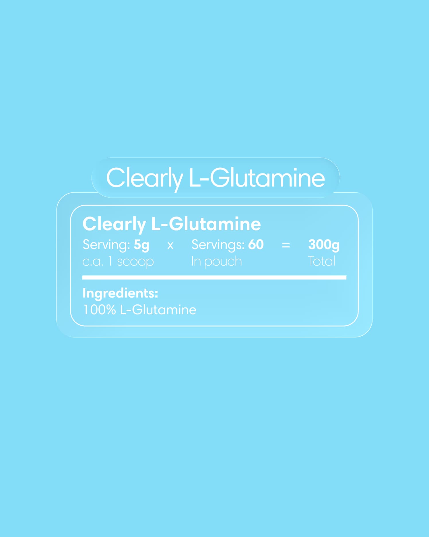 Clearly L-glutamine supplement bottle with label showing supplement details and ingredients for muscle recovery and gut health.