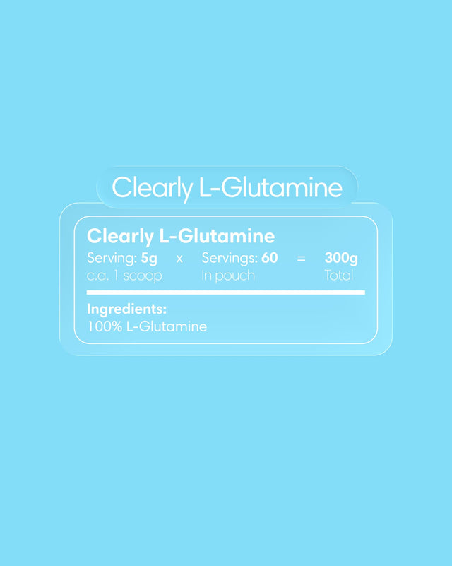 Clearly L-glutamine supplement bottle with label showing supplement details and ingredients for muscle recovery and gut health.