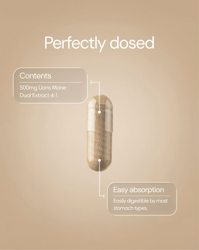 Clearly Lion's Mane capsules in a bottle, showing the supplement packaging and capsules, designed for cognitive support.