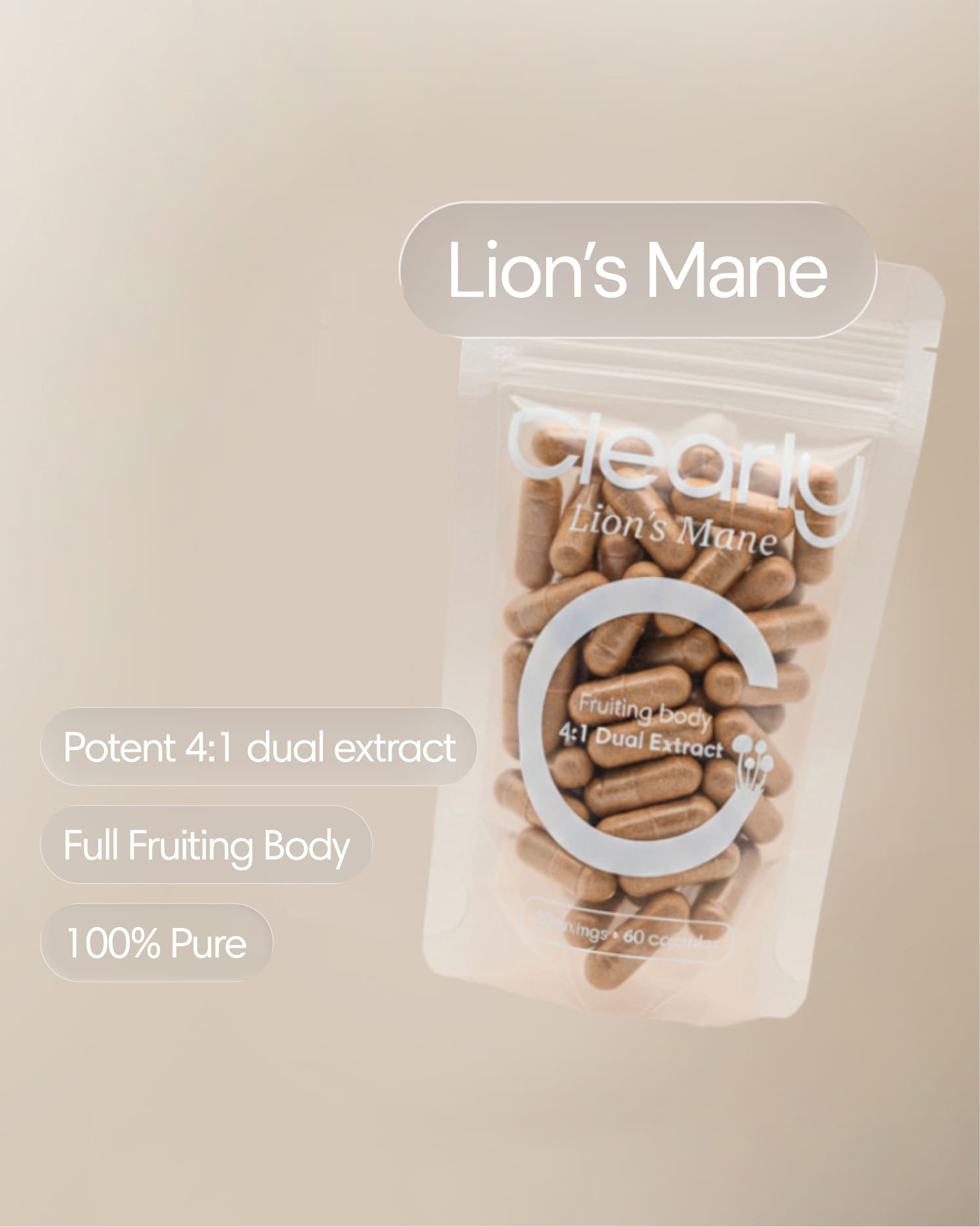 Clearly Lion's Mane capsules in a bottle, showcasing the supplement's front label with natural ingredients and capsule details.