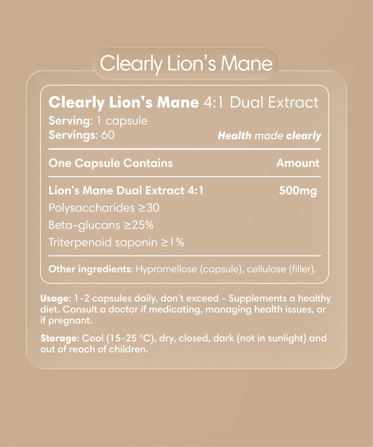 Clearly Lion's Mane capsules bottle with label featuring product details and branding, displayed on a plain background.