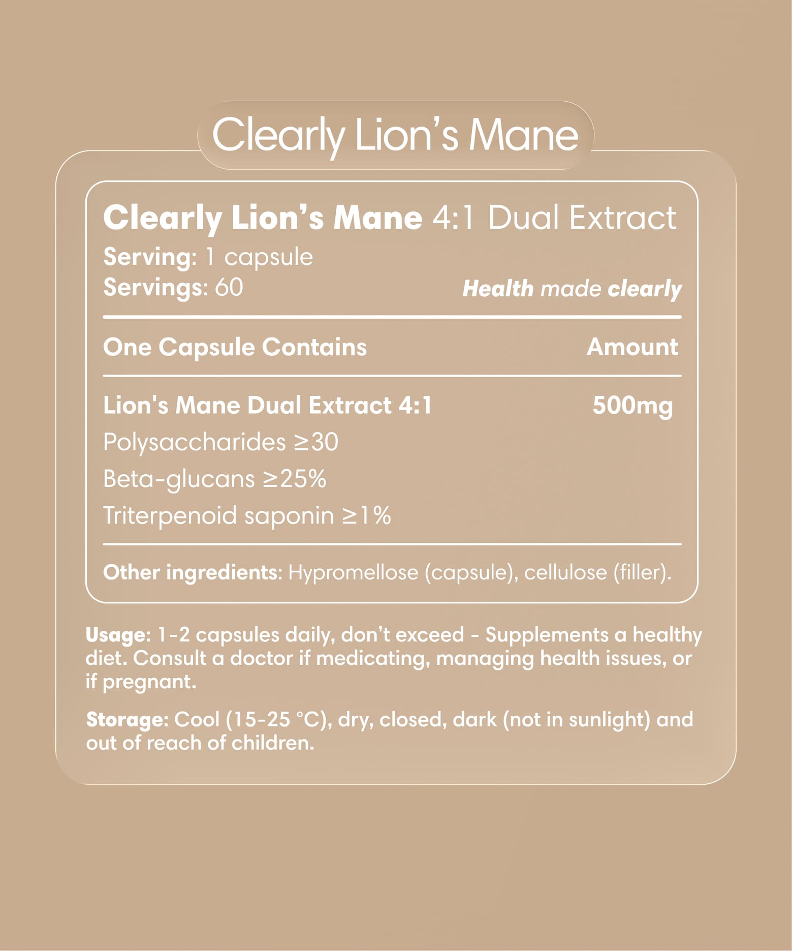 Clearly Lion's Mane capsules bottle with label featuring product details and branding, displayed on a plain background.