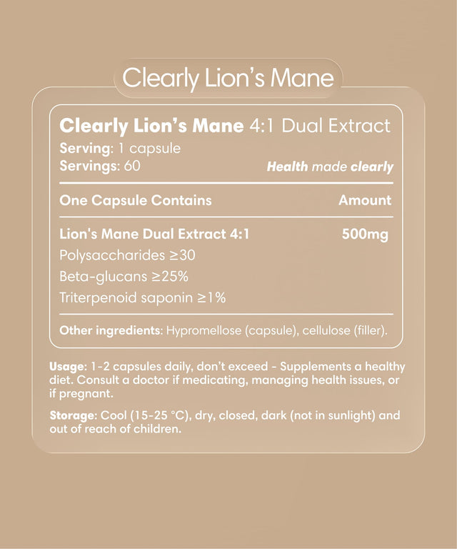 Clearly Lion's Mane capsules bottle with label featuring product details and branding, displayed on a plain background.