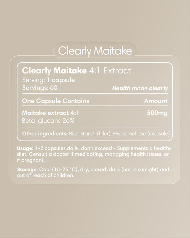 Clearly Maitake mushroom supplement label showing product name and brand on a clean white background.