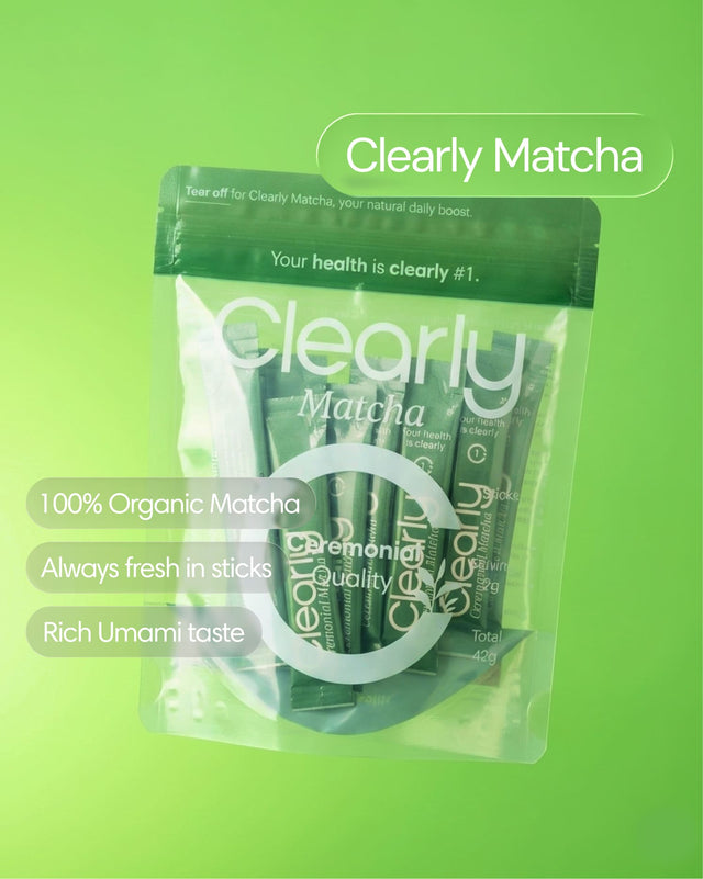 Clearly Matcha powder in a vibrant green pouch with a clear label showcasing the brand and product name.