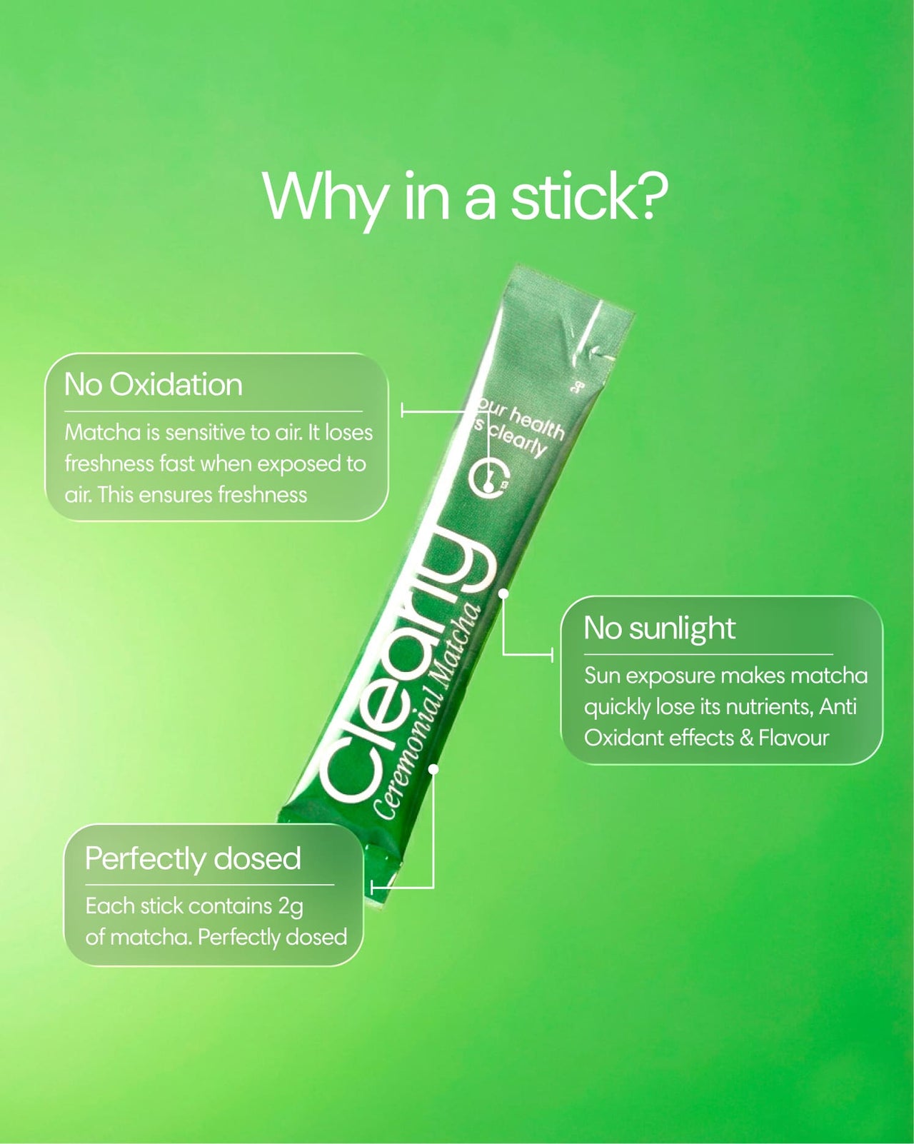 Clearly matcha sticks in a green packaging, showcasing the vibrant powder and individual serving sizes.