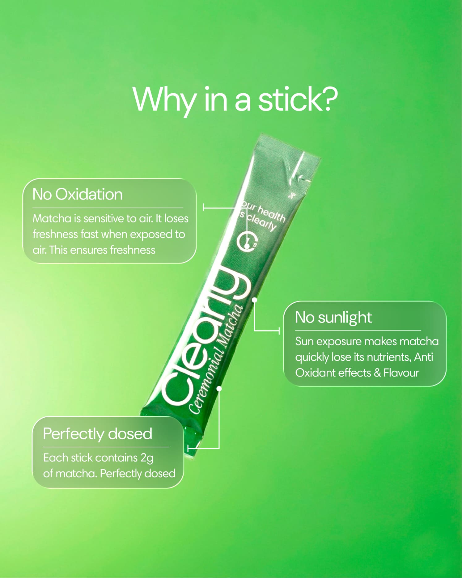 Clearly matcha sticks in a green packaging, showcasing the vibrant powder and individual serving sizes.