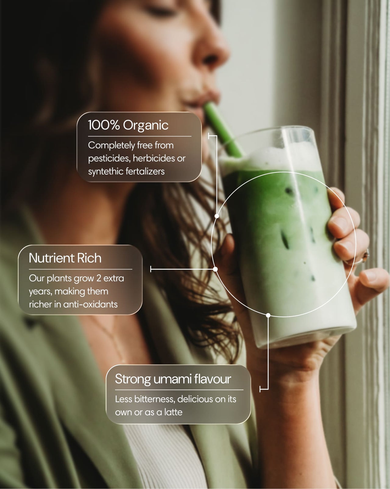 Clearly Matcha powder in a green package with a scoop, showcasing its vibrant green color and fine texture.