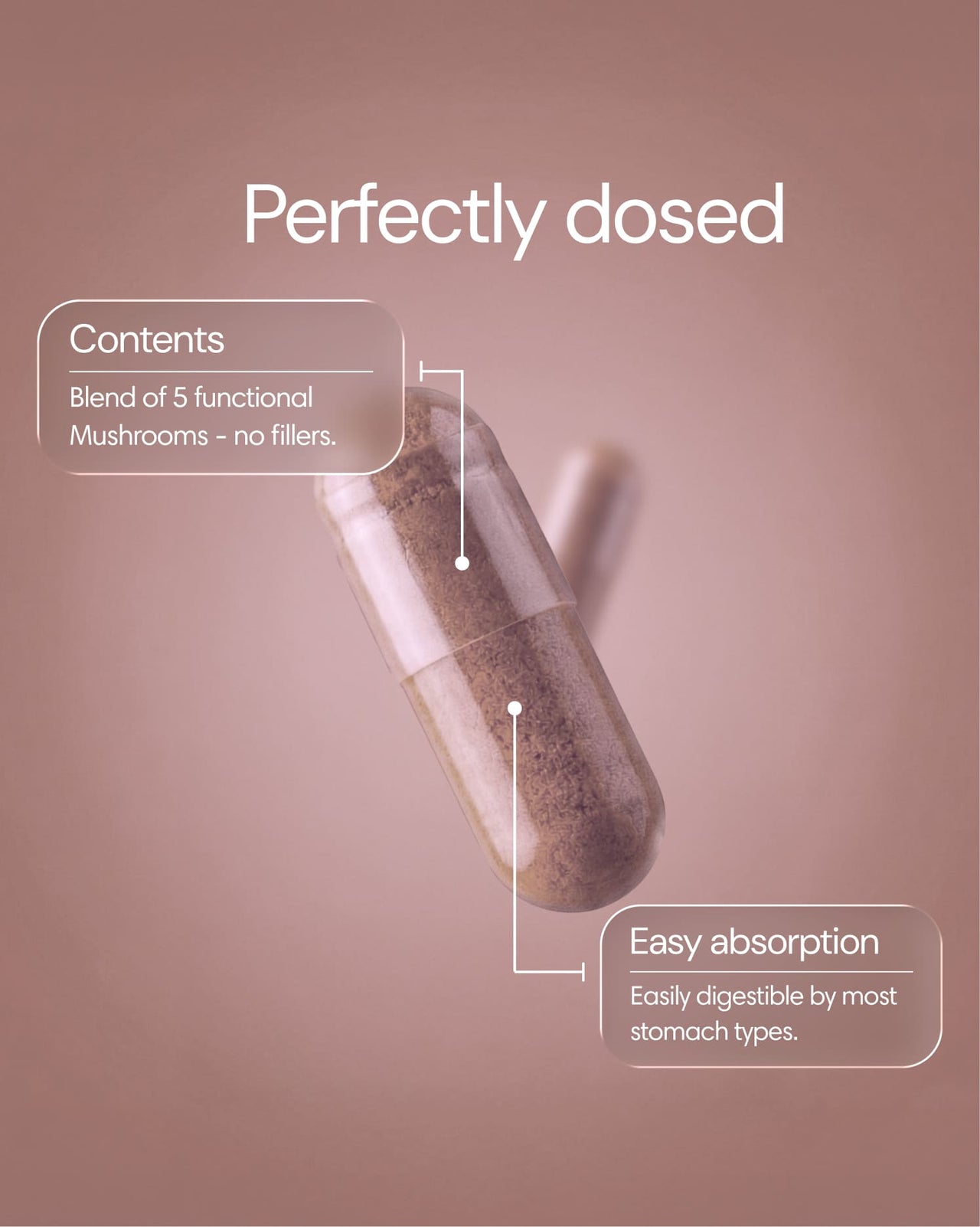 Clearly Mushroom Mix capsules in a bottle, featuring a variety of mushroom supplement capsules for health and wellness.