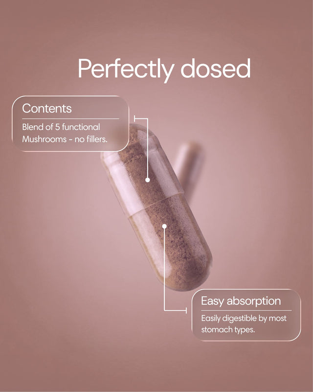 Clearly Mushroom Mix capsules in a bottle, featuring a variety of mushroom supplement capsules for health and wellness.