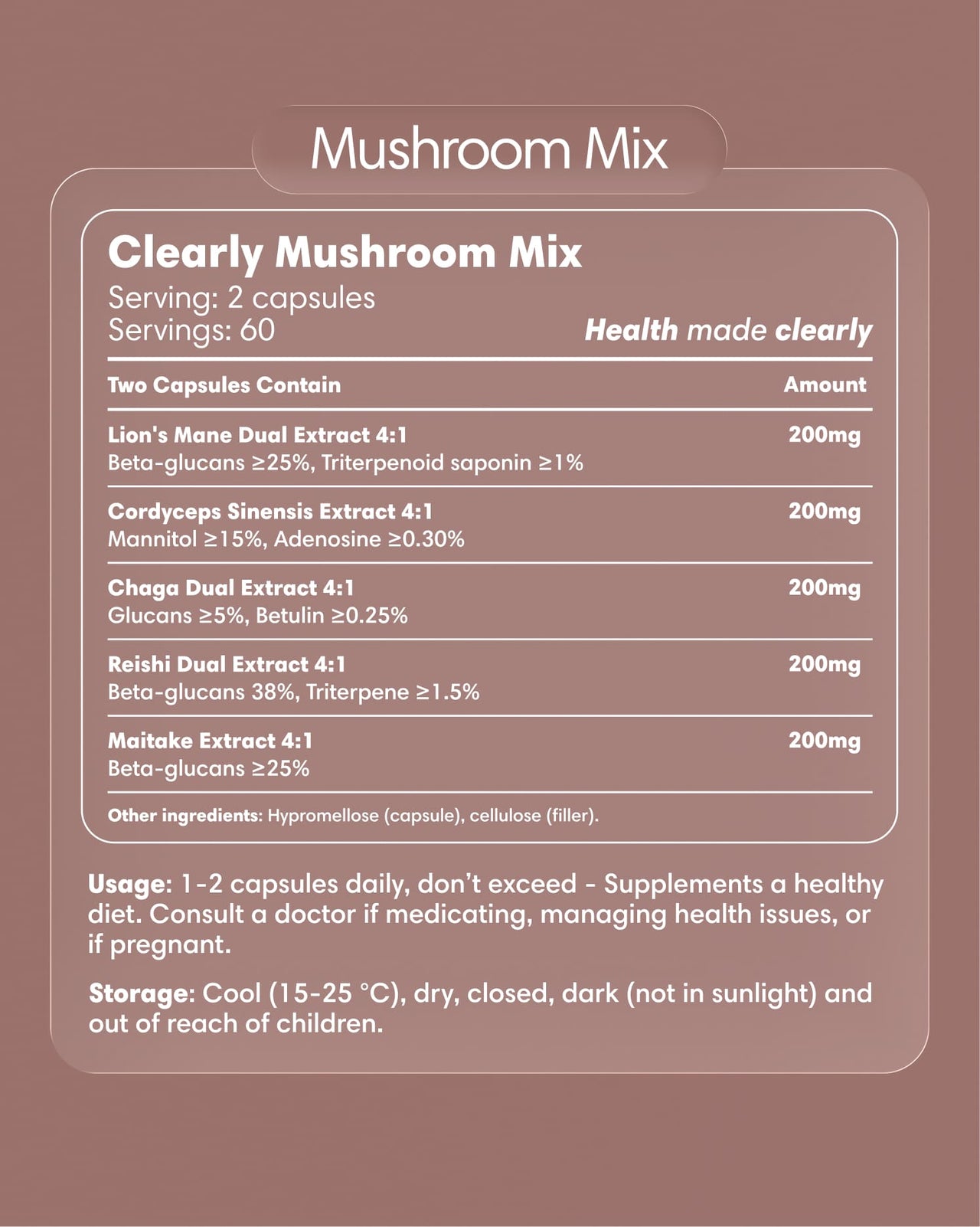 Clearly Mushroom Mix capsules bottle label showing the product name and branding for natural mushroom supplement.
