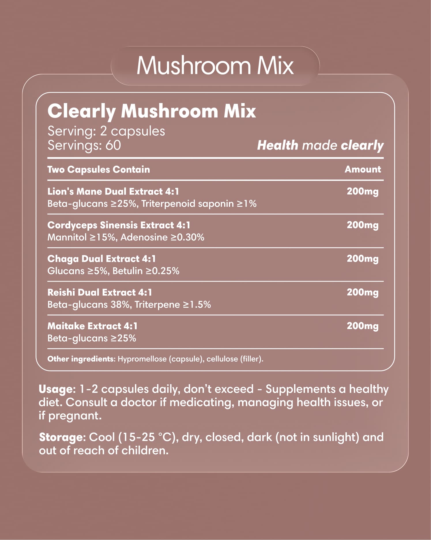 Clearly Mushroom Mix capsules bottle label showing the product name and branding for natural mushroom supplement.