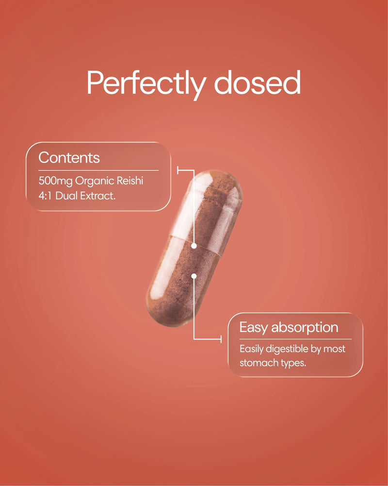 Clearly Reishi capsules in a clear bottle, showing the herbal supplement with individual dark capsule contents inside.