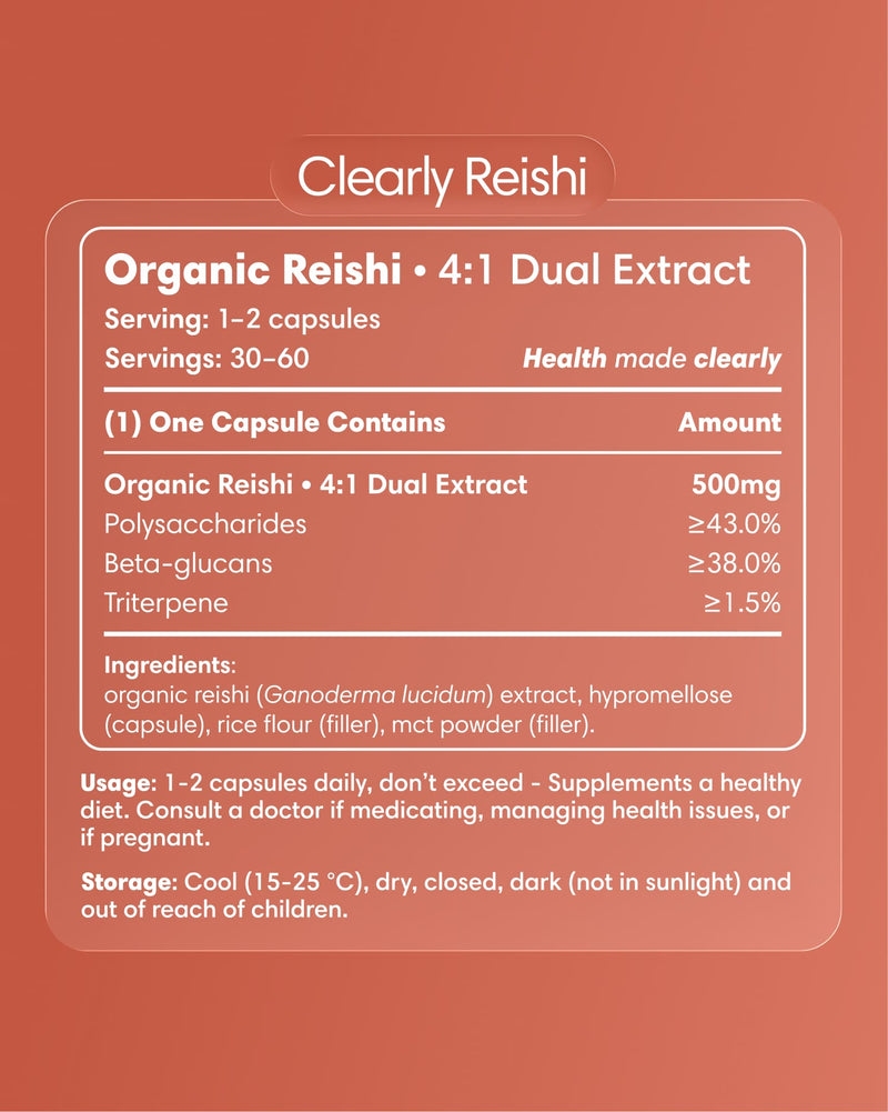 Clearly Reishi capsules bottle with label showing product name and branding, displayed on a plain background.