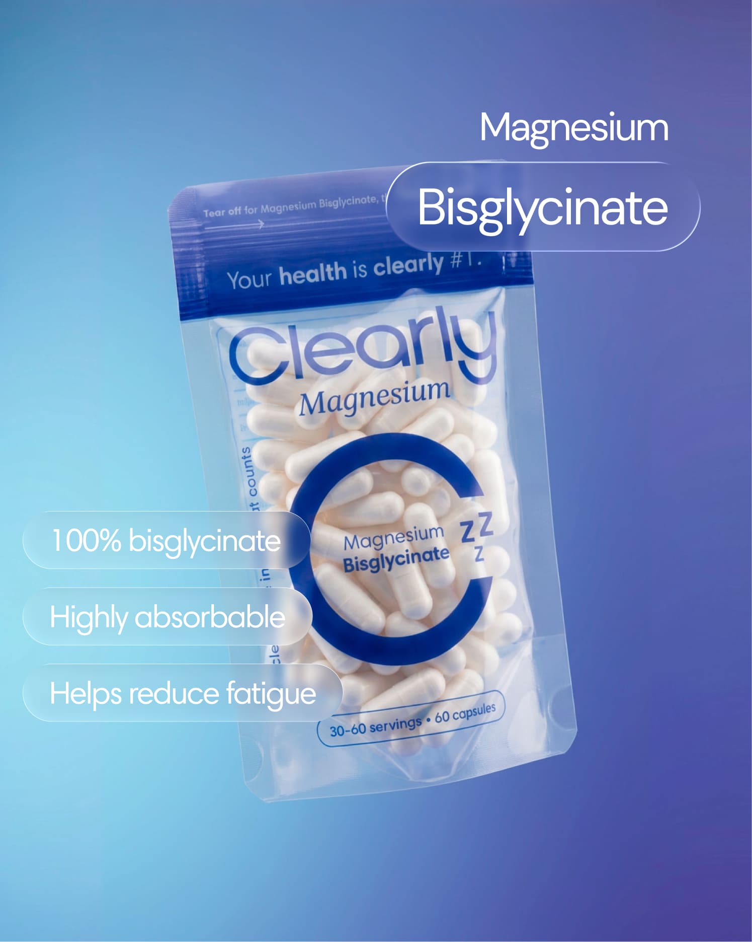 Clearly Magnesium Bisglycinate supplement bottle with label visible, showcasing the product front and branding.