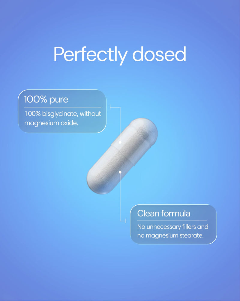 Clearly Magnesium Bisglycinate supplement in a bottle with labeled dose, showing the supplement capsules on a clean white background.