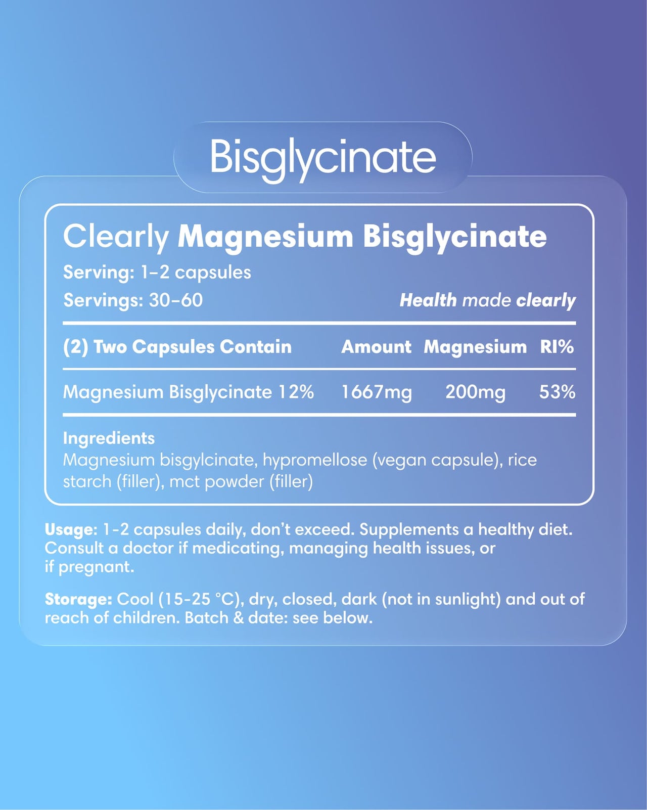 Clearly Magnesium Bisglycinate supplement label showing product name and nutritional information on the bottle.