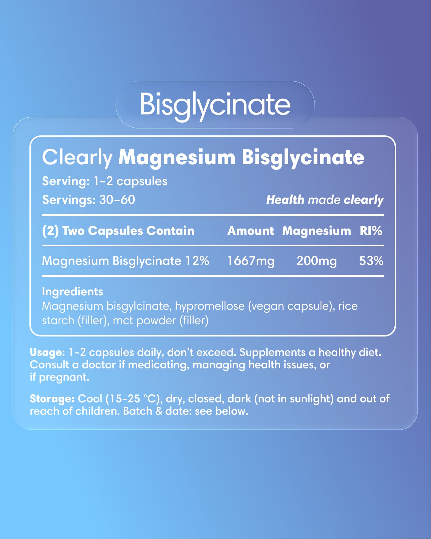 Clearly Magnesium Bisglycinate supplement label showing product name and nutritional information on the bottle.