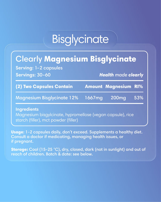 Clearly Magnesium Bisglycinate supplement label showing product name and nutritional information on the bottle.