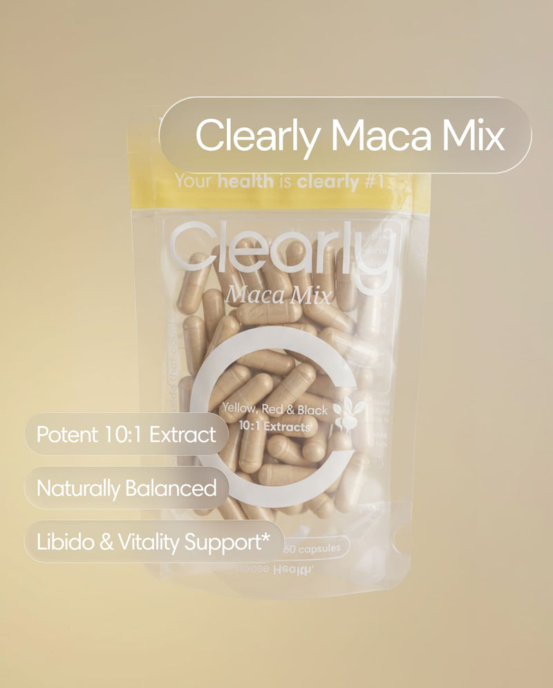 Clearly Maca Mix capsules in a bottle, dietary supplement for energy and vitality, shown from the front.