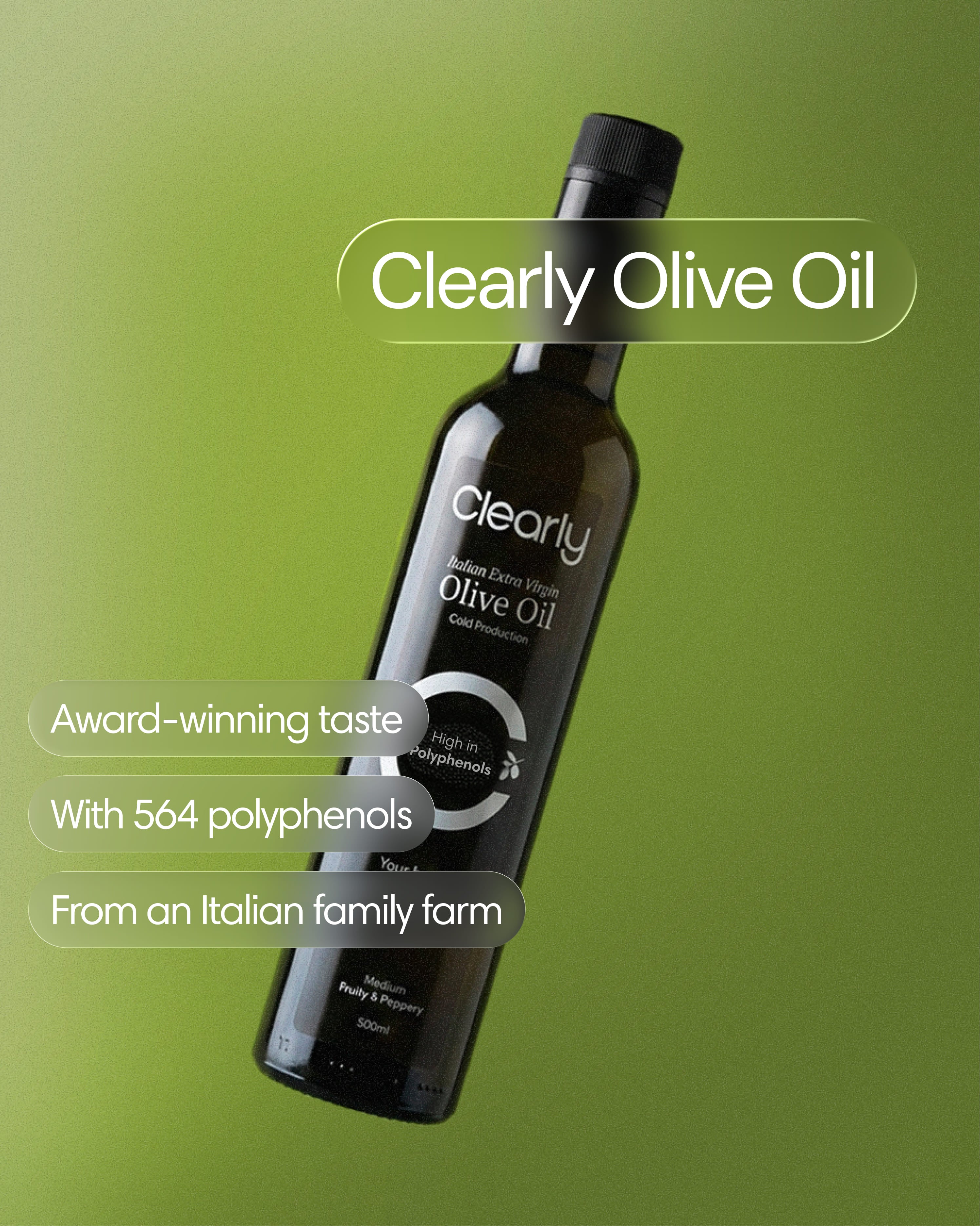 Clearly Extra Virgin Olive Oil bottle with dark green glass and white label, front view displaying the product on a wooden surface.