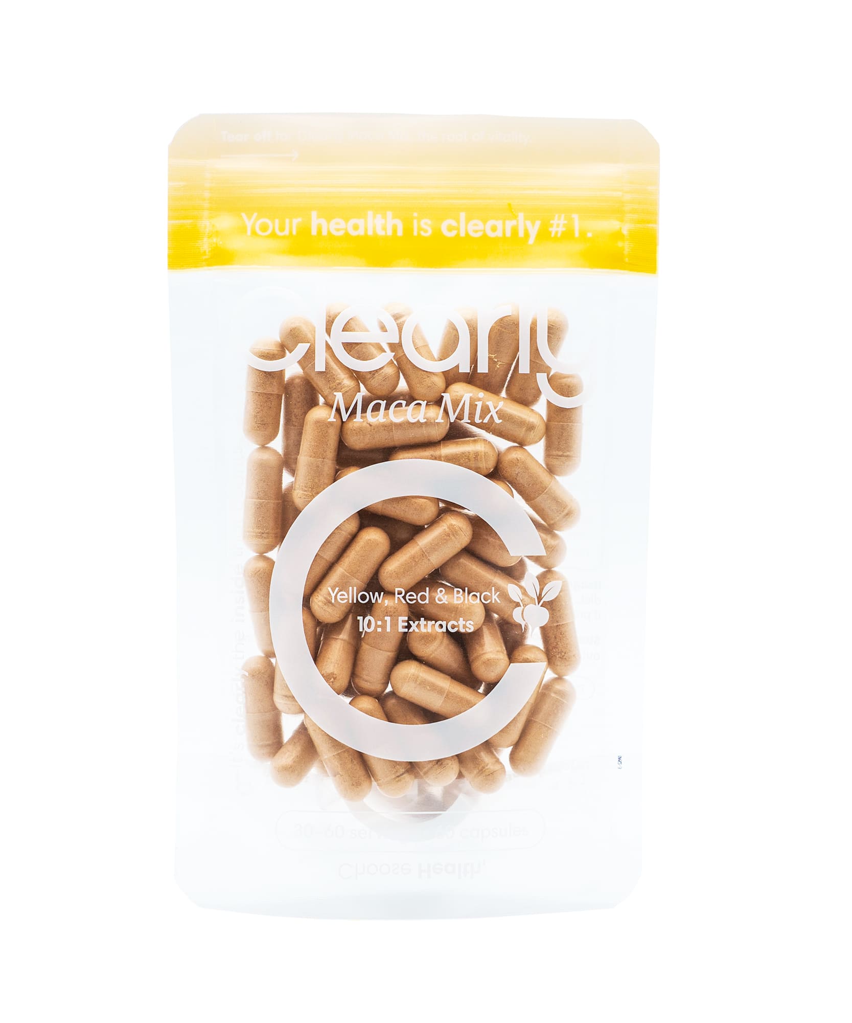 Clearly Maca Mix capsules in a bottle, showcasing the supplement packaging with a focus on the front label.