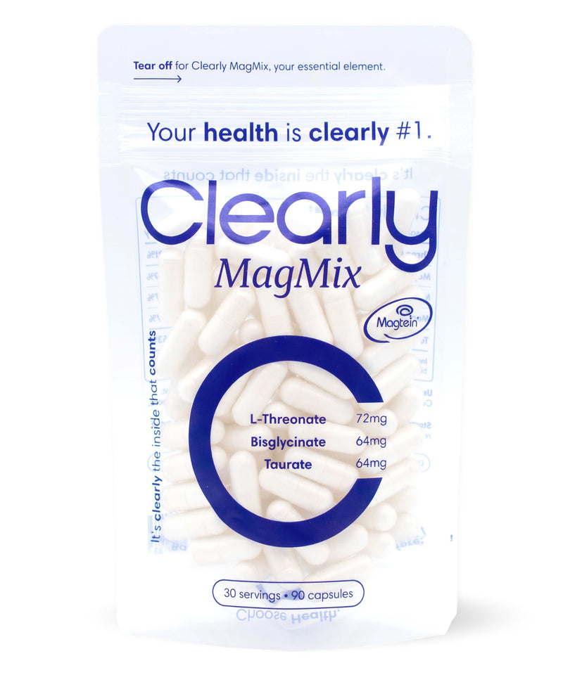 Clearly Magnesium Mix supplement bottle with label showing magnesium blend, front view of the dietary supplement container.