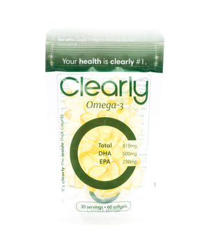 Clearly Omega-3 softgel capsules in a clear bottle on a white background.