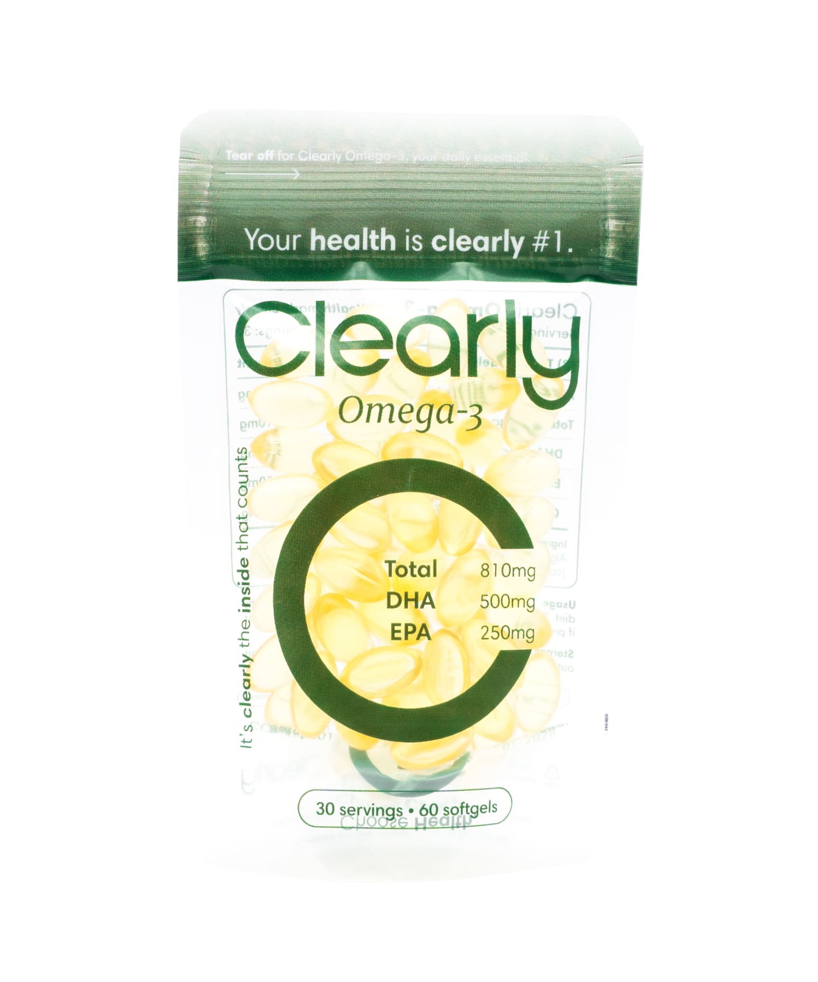 Clearly Omega-3 softgel capsules in a clear bottle on a white background.