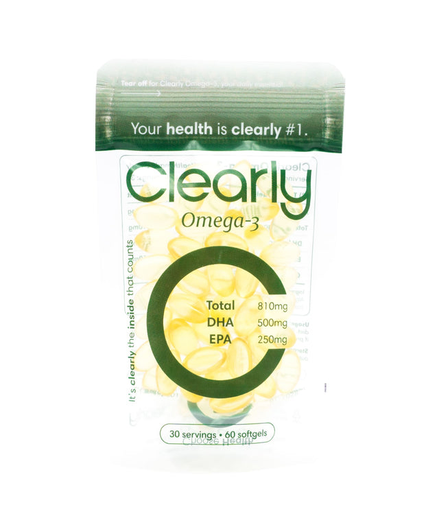 Clearly Omega-3 softgel capsules in a clear bottle on a white background.