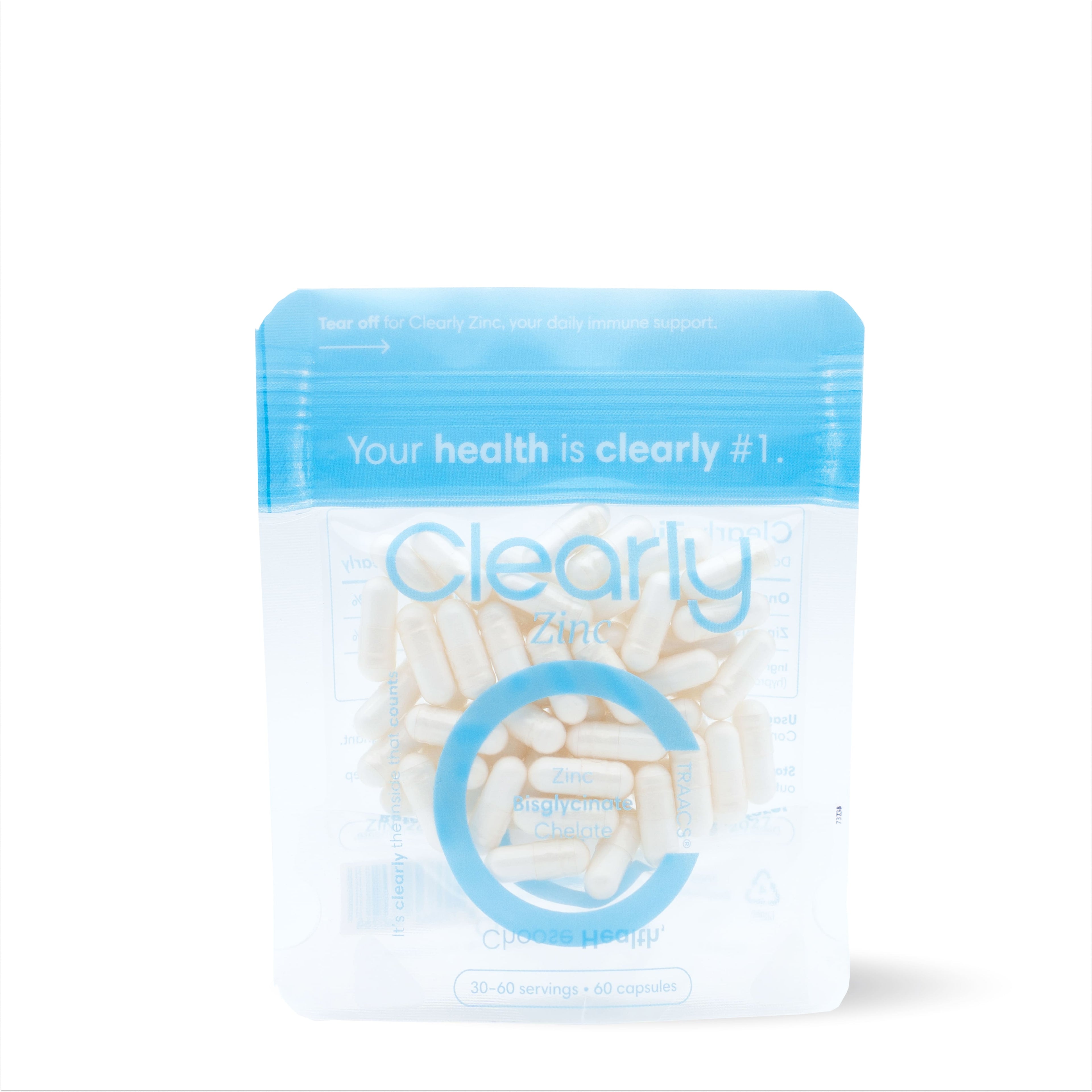 Clearly Zinc supplement bottle with capsules, shown alongside omega-3 capsules on a white background.