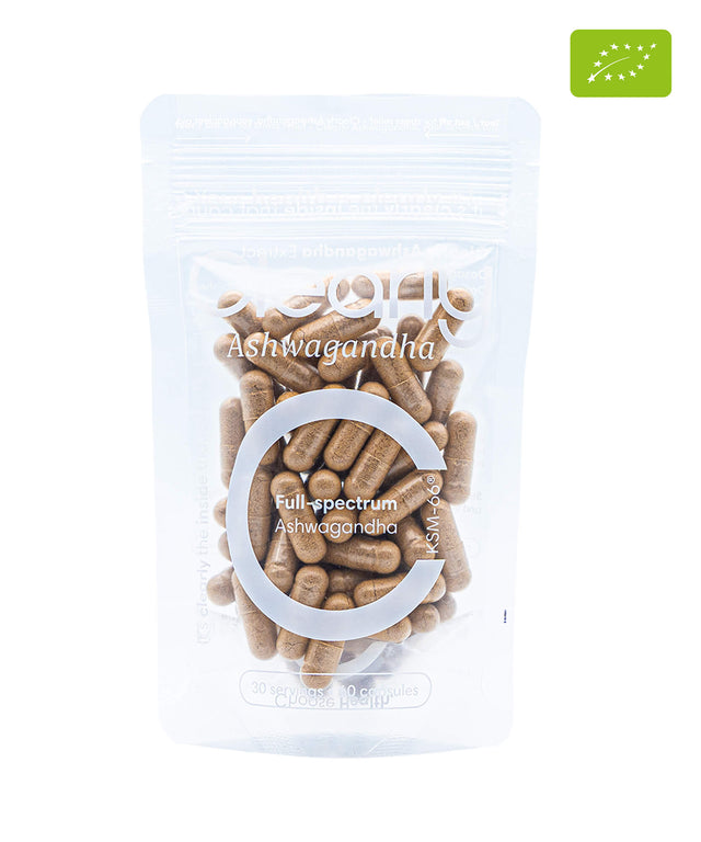 Clearly Ashwagandha capsules in a bottle, showing the front label and product packaging.